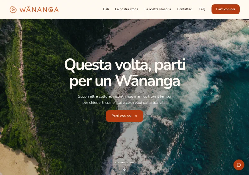 Il sito Wananga con navigazione, una costa di Bali e il titolo Questa volta, parti per un Wānanga
