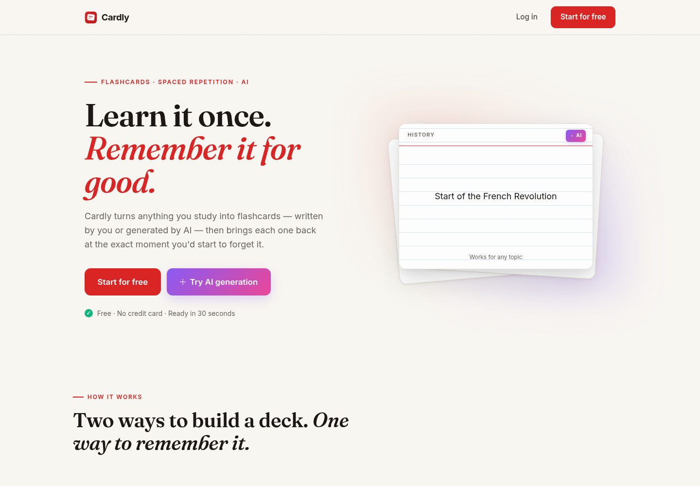 Homepage di Cardly con generazione AI di flashcard e ripetizione dilazionata