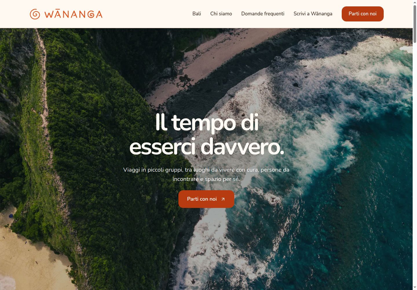Homepage aggiornata di Wananga con costa di Bali e presentazione dei viaggi di gruppo